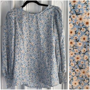 NWOT Pleione Long Sleeve Ditzy Floral Blouse Women's size Large Sky Blue White